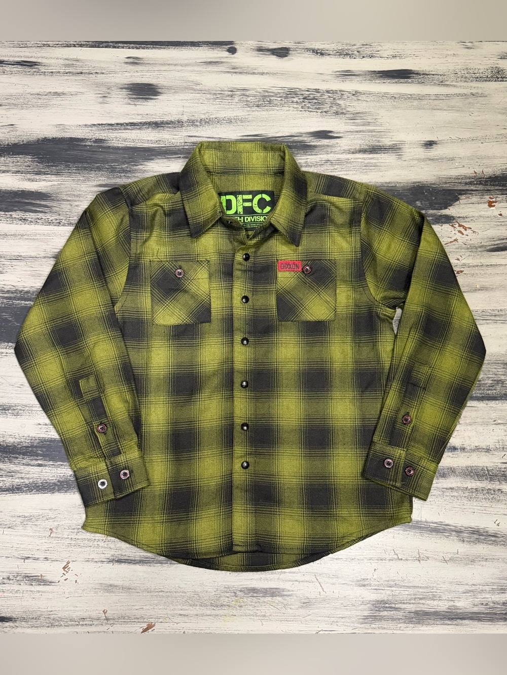 Dixxon Youth Division Kids “Lone Wolf” Green & Black Plaid Flannel Shirt 🐺